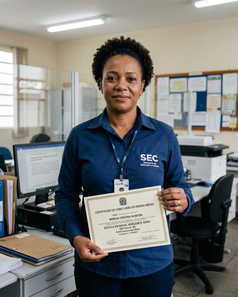Mulher adulta segurando com orgulho seu certificado de conclusão do Ensino Médio