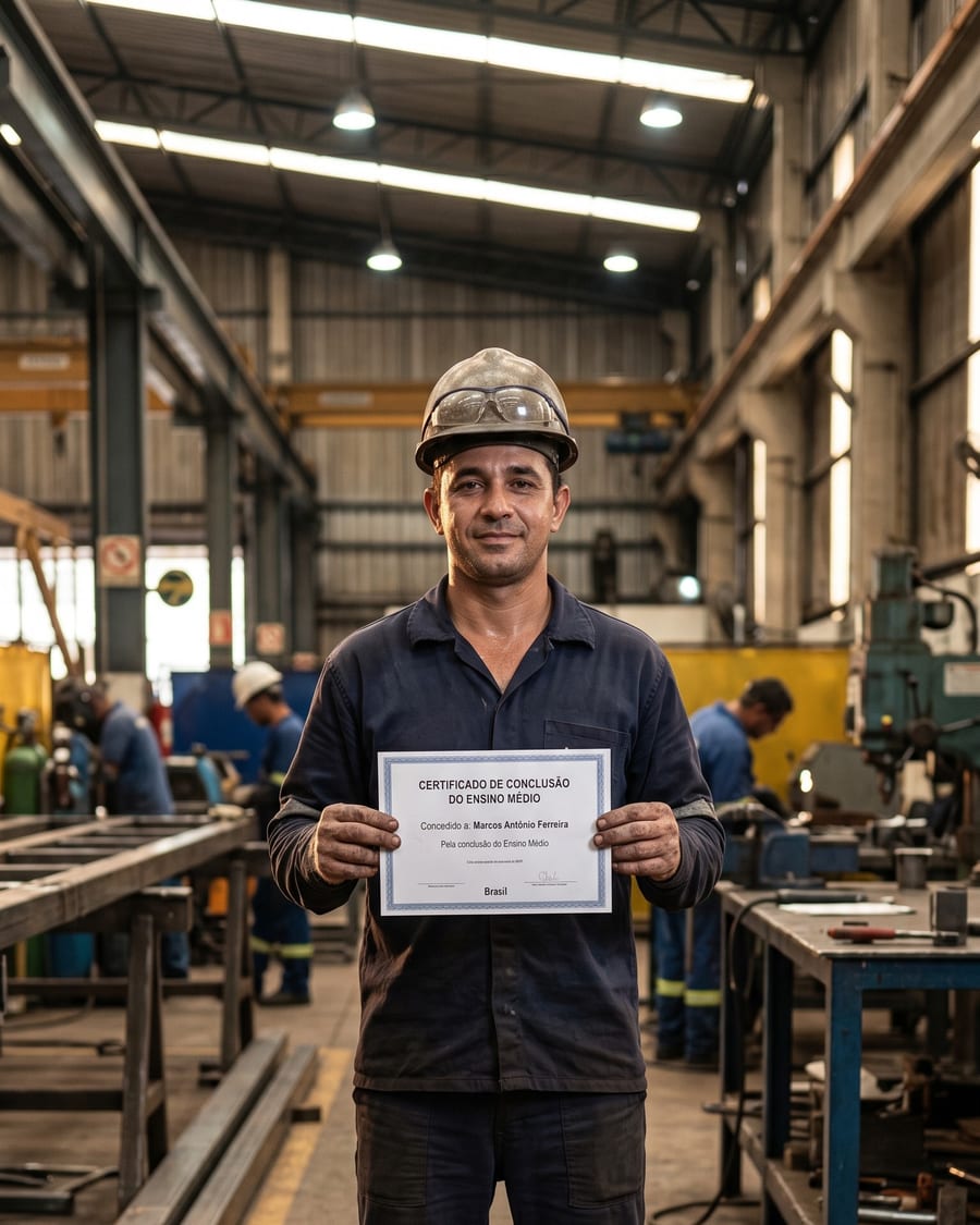 Trabalhador adulto sorrindo segurando seu certificado de conclusão do Ensino Médio
